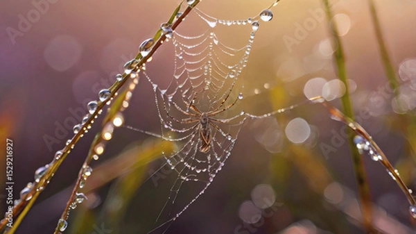 Fototapeta A beautiful spider and a web decorated with dew drops that shimmer in the sun, creating a glow effect. The background of the image is blurred, in a warm golden pink color scheme.