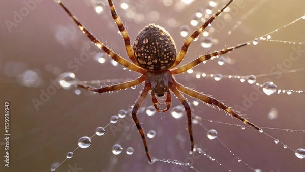 Fototapeta A beautiful spider and a web decorated with dew drops that shimmer in the sun, creating a glow effect. The background of the image is blurred, in a warm golden pink color scheme.