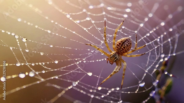 Obraz A beautiful spider and a web decorated with dew drops that shimmer in the sun, creating a glow effect. The background of the image is blurred, in a warm golden pink color scheme.