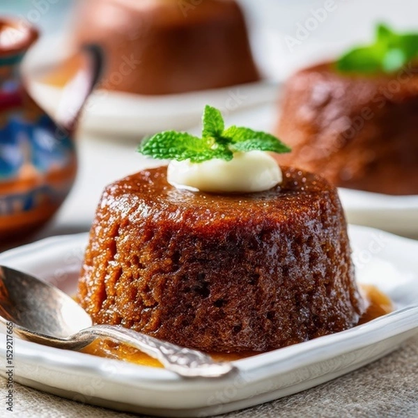 Obraz closeup shot ready to serve Malva Pudding vibrant detail ethnic cuisine isolated background ratio