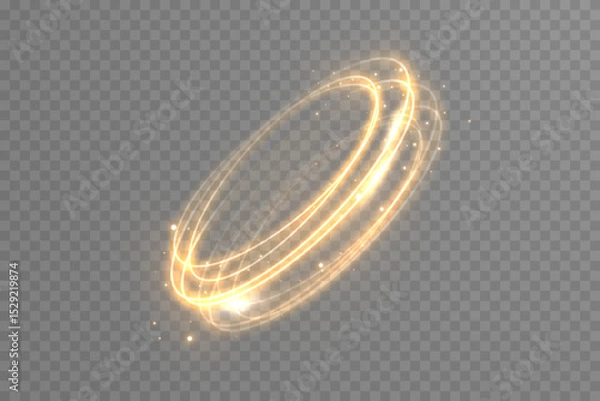 Fototapeta Colorful neon rings orbit in symmetry. Magic flash explodes in transparent beam. Golden line glows like solar ribbon. Luminous spark swirls in ethereal cyclone.