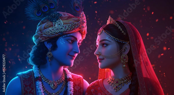 Fototapeta Janmashtami, Mesmerizing digital artwork of Radha and Krishna sharing a divine, soulful moment of love and serenity. Set against a glowing, magical background, their gentle expressions reflect eternal