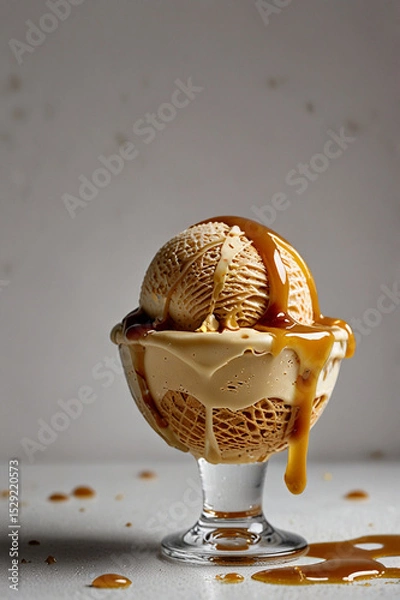 Fototapeta A scoop of creamy caramel ice cream with caramel sauce