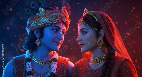 Fototapeta Janmashtami, Mesmerizing digital artwork of Radha and Krishna sharing a divine, soulful moment of love and serenity. Set against a glowing, magical background, their gentle expressions reflect eternal