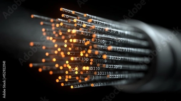 Obraz 3D Illustration of Optical Fiber Cable with Glowing Binary Code on Dark Background for Tech Concepts