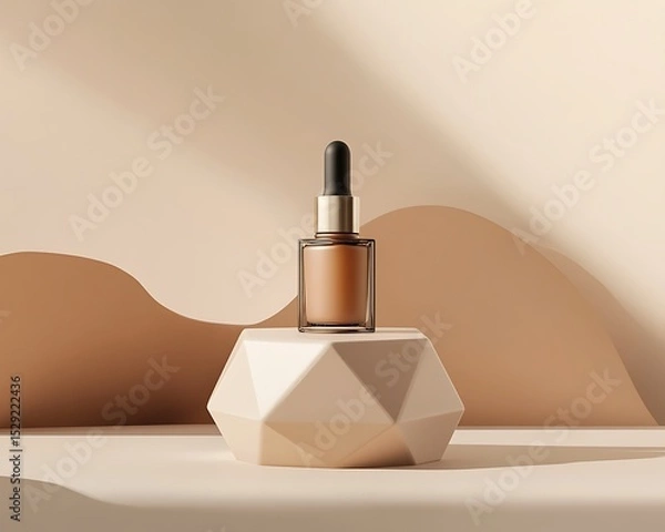 Obraz Muted earth-tone geometry pedestals in polygon shape with sleek cosmetic bottle