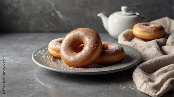Obraz Delicious dessert. Donuts with white icing sugar and powdered sugar on a gray table. Confectionery products. Bakery products.