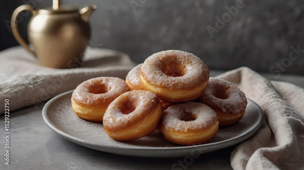 Obraz Delicious dessert. Donuts with white icing sugar and powdered sugar on a gray table. Confectionery products. Bakery products.