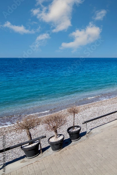 Fototapeta Inviting coastal scene with potted plants providing a foreground, leading the eye to the expansive, clear waters of the Mediterranean Sea.