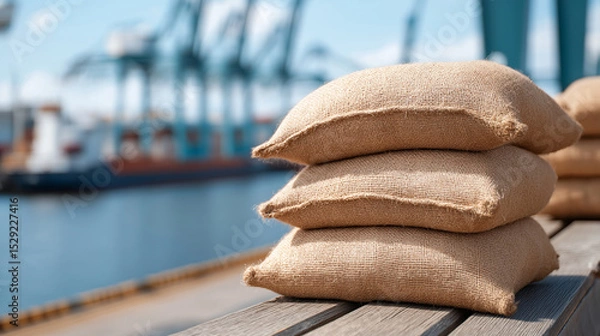 Fototapeta Wheat Grain Bags on Dockside with Cranes for Export