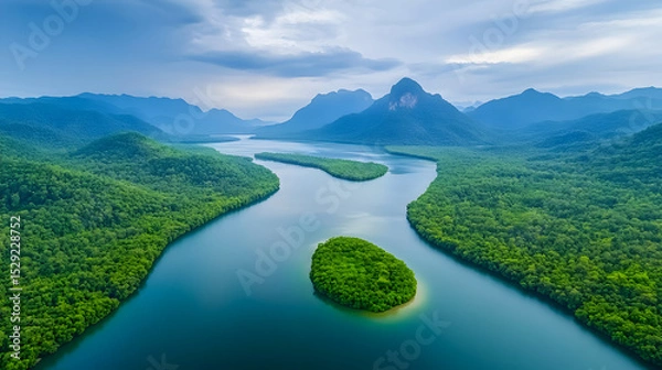 Obraz aerial view mangrove forest and mountain peak of Phang nga bay, Thailand