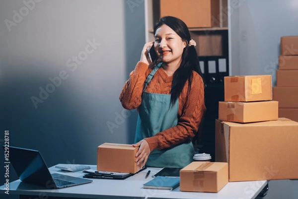 Fototapeta Startup SME small business entrepreneur of freelance Asian woman wearing apron using laptop and box to receive and review orders online to prepare to pack sell to customers, online sme business ideas.