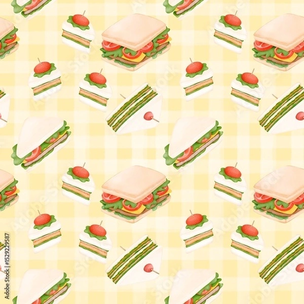 Obraz Seamless pattern with summer picnic and Sandwich on pastel Yellow