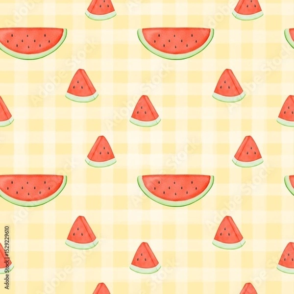 Obraz Seamless pattern with summer picnic and Watermelon on pastel Yellow