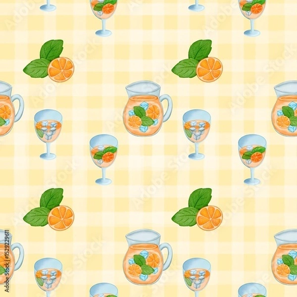 Obraz Seamless pattern with summer picnic and Orange Juice on pastel Yellow