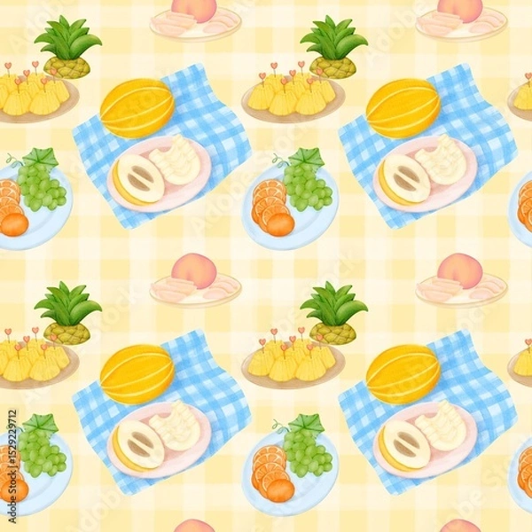 Obraz Seamless pattern with summer picnic and fruit Pineapple, Peach and Korean Melon on pastel Yellow