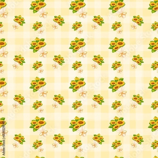 Obraz Seamless pattern with summer picnic and Sunflower Bouquet on pastel Yellow