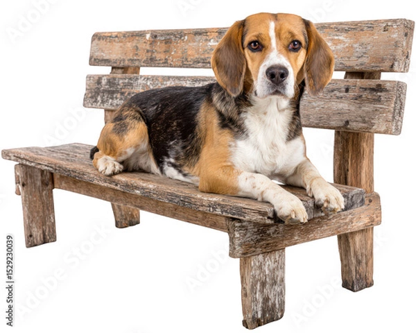 Fototapeta Beagle dog resting on rustic wooden bench, showcasing its playful yet calm demeanor. dog fur is mix of brown, black, and white, adding to its charm