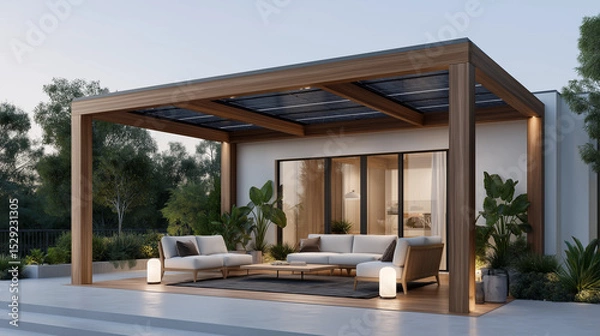Fototapeta Modern Backyard with Home Battery Storage Under Pergola