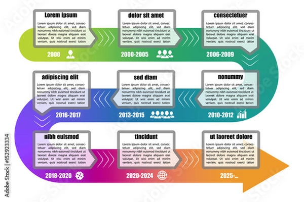 Fototapeta Timeline infographic template with 9 steps. Grey color rectangular elements with color arrow and icons. Vector illustration.