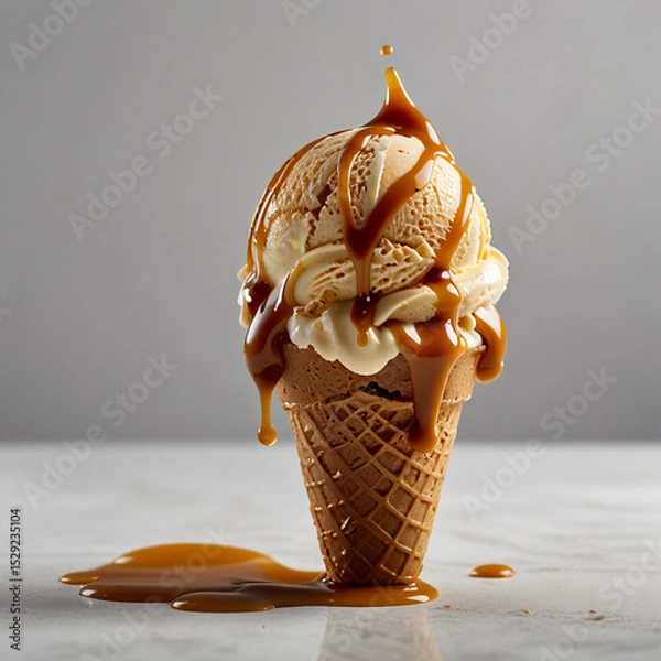 Fototapeta A scoop of creamy caramel ice cream with caramel sauce
