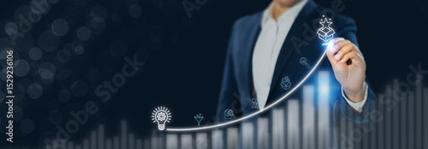 Obraz Creative idea generation for new product development concept. Creative thinking and innovation. Growth curve with stages of innovation icons, generating creative idea process for product developmement