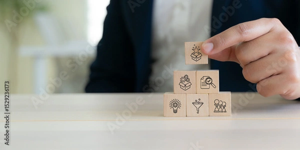 Obraz Creative idea generation for new product development concept. Creative thinking and innovation. Wooden block with stages of innovation icons, generating creative idea process for product developmement
