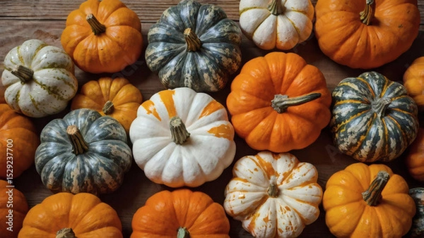 Obraz Autumn pumpkin background. A rich harvest of small pumpkins on a wooden background. The concept of a Halloween or Thanksgiving holiday.