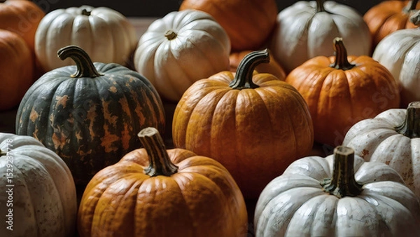 Obraz Autumn pumpkin background. A rich harvest of small pumpkins on a wooden background. The concept of a Halloween or Thanksgiving holiday.