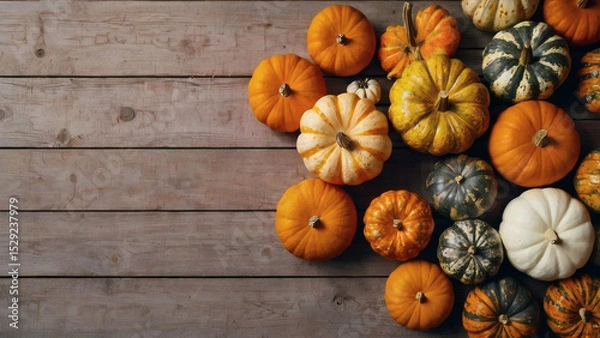 Obraz Autumn pumpkin background. A rich harvest of small pumpkins on a wooden background. The concept of a Halloween or Thanksgiving holiday.