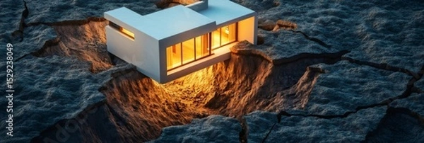 Fototapeta Seismic waves are causing ground cracks and destroying a modern house, highlighting the devastating impact of earthquakes on infrastructure and architecture