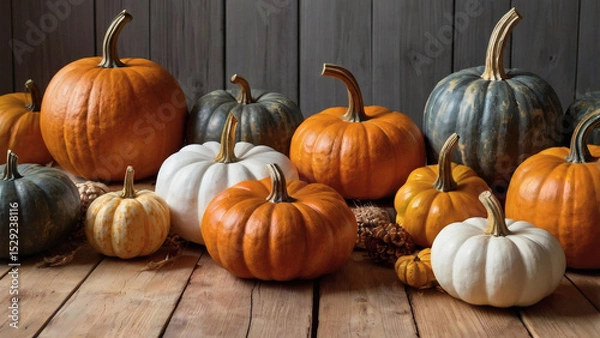 Obraz Autumn pumpkin background. A rich harvest of small pumpkins on a wooden background. The concept of a Halloween or Thanksgiving holiday.