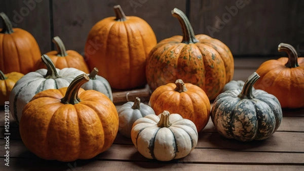 Obraz Autumn pumpkin background. A rich harvest of small pumpkins on a wooden background. The concept of a Halloween or Thanksgiving holiday.
