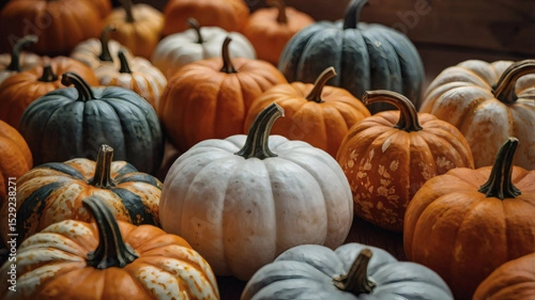 Obraz Autumn pumpkin background. A rich harvest of small pumpkins on a wooden background. The concept of a Halloween or Thanksgiving holiday.