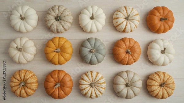 Obraz Autumn pumpkin background. A rich harvest of small pumpkins on a wooden background. The concept of a Halloween or Thanksgiving holiday.