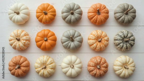 Obraz Autumn pumpkin background. A rich harvest of small pumpkins on a wooden background. The concept of a Halloween or Thanksgiving holiday.