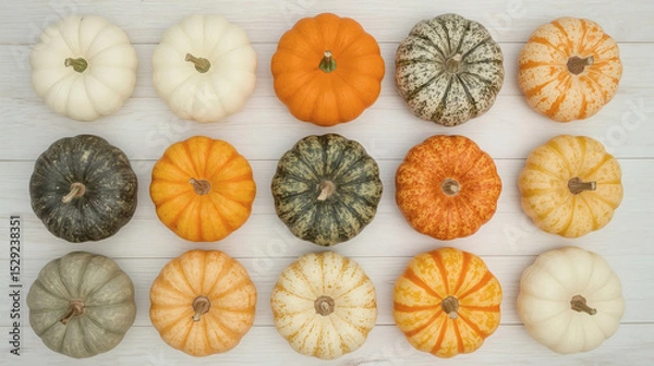 Obraz Autumn pumpkin background. A rich harvest of small pumpkins on a wooden background. The concept of a Halloween or Thanksgiving holiday.