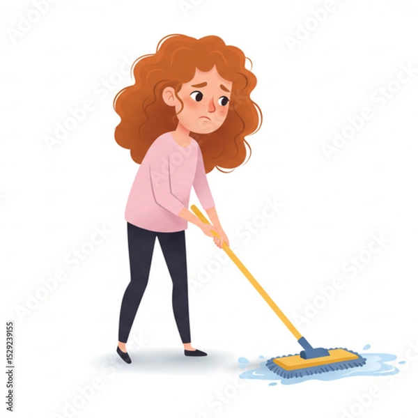Obraz Adorable girl mopping floor cleaning chores housework child cartoon character design scalable graphic