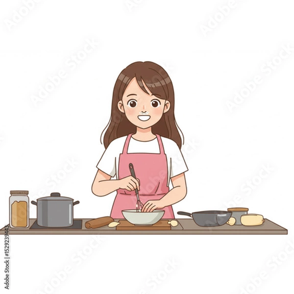 Obraz A cheerful girl in a pink apron happily bakes delicious treats in her kitchen a delightful cooking scene perfect for recipe blogs or culinary branding
