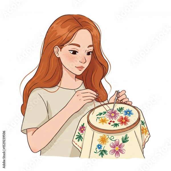 Obraz A charming girl skillfully embroidering a floral design on fabric a delightful needlepoint craft artwork perfect for hobby blogs and websites