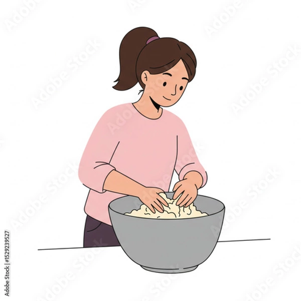 Obraz A young woman happily mixes dough in a bowl, a charming cooking scene perfect for recipe blogs, cookbooks, or kitchen-themed designs.