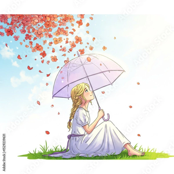 Obraz Serene girl under a parasol amidst falling petals a whimsical spring scene perfect for branding design and logo creation