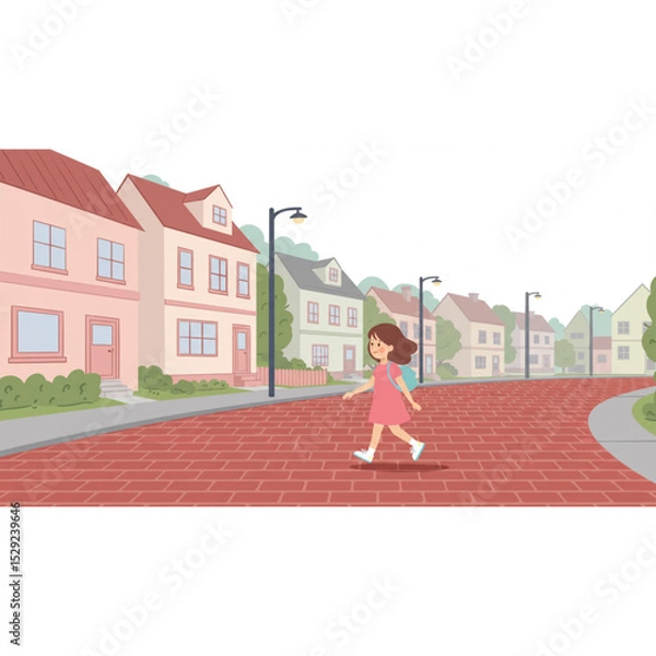 Obraz A cheerful girl strolls down a brick road lined with charming houses a delightful suburban scene perfect for children's book design or branding