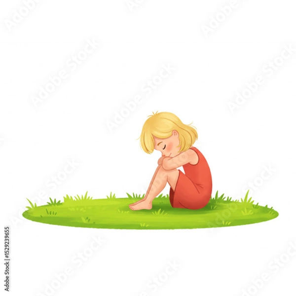 Obraz Adorable girl sitting on grass a sweet child character design perfect for children's books illustrations and branding projects
