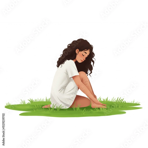 Obraz Serene young woman in white dress sits peacefully on green grass, enjoying nature's tranquility, perfect for meditation or relaxation themed designs.