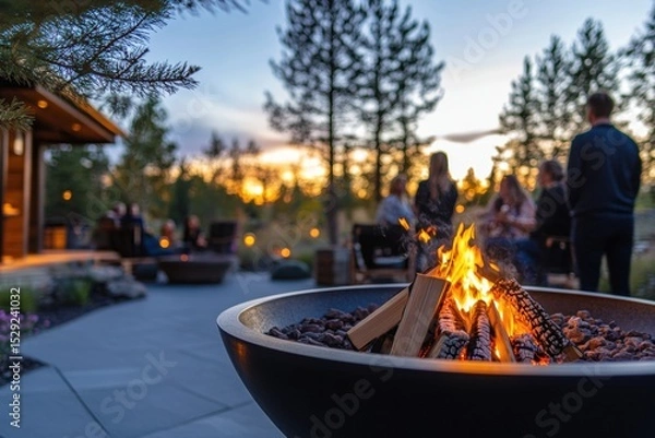 Fototapeta Group of friends enjoying an autumn evening outdoors, sitting around a fire pit, laughing and talking. Cozy atmosphere, warm clothes, and vibrant fall foliage in the background. Copy space. Banner