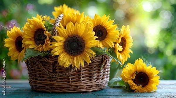 Obraz Vibrant Sunflowers in a Rustic Basket on a Wooden Table