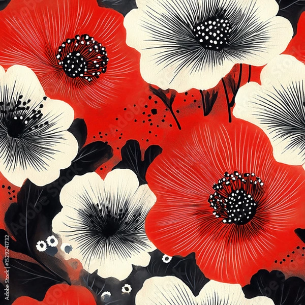 Obraz Seamless traditional Japanese abstract shibori pattern in red, black and white, celebrating the beauty of imperfection.