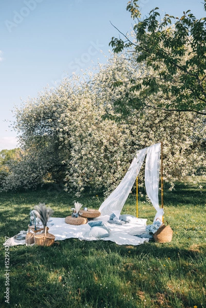 Fototapeta Cozy outdoor picnic setup under blooming trees in a serene park on a sunny day