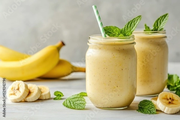 Fototapeta Refreshing banana smoothie in glass jars with striped straws and banana slices on rustic wooden table. Natural light, healthy drink concept, fresh and minimal composition. healthy eating. Banner